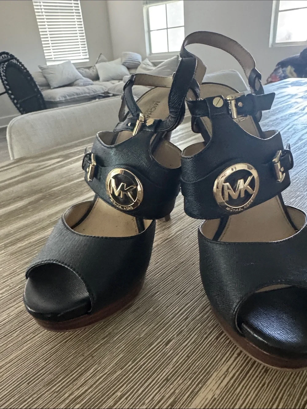 Michael Kors Black Open-Toe T-Strap Heels with Gold Hardware